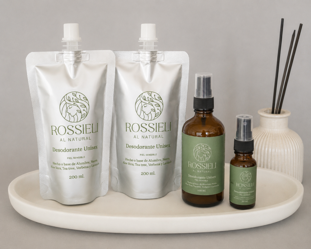 Línea completa del Kit Piel Sensible de Rossieli Al Natural: refills de 200 ml, y desodorante en 100 ml y 20 ml